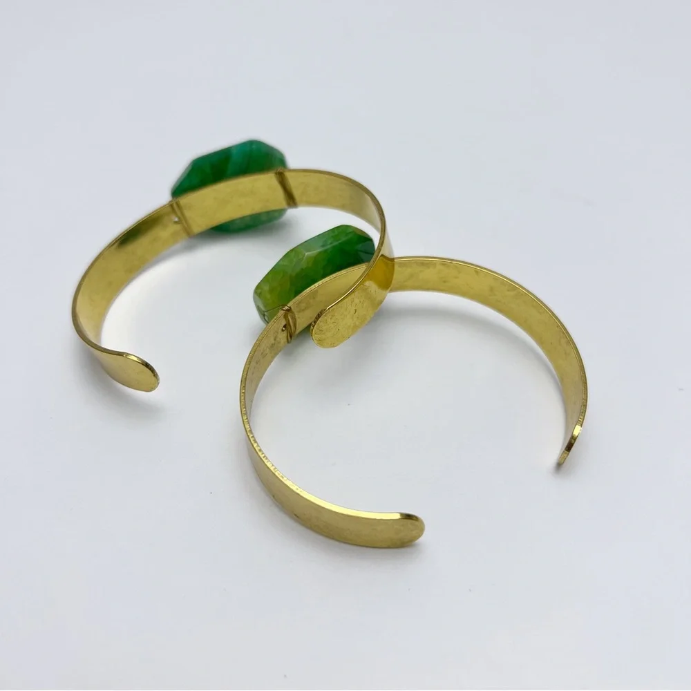 Set of 2 Goldtone Green Agate Stone Cuff Bracelets